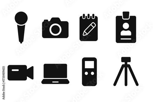 Press Tools Icons. Solid, filled icon set of press tools: microphone, camera, notepad, press badge, video camera, laptop, recorder, tripod. [Line icons in only