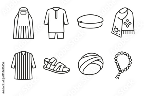 Afghan Cultural Icon Set. Outline icon set of Afghan traditional clothing: burqa, perahan tunban, pakol hat, embroidered shawl, chapan coat, leather sandals,