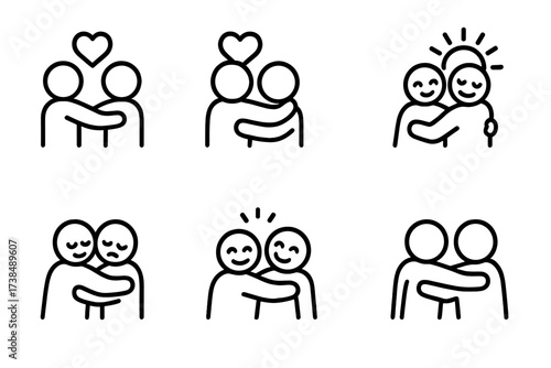 Hug Emotions Icons. Outline icon set of hug emotions: love, care, empathy, happiness, relief, warmth, gratitude, friendship. Line icons in only black color,