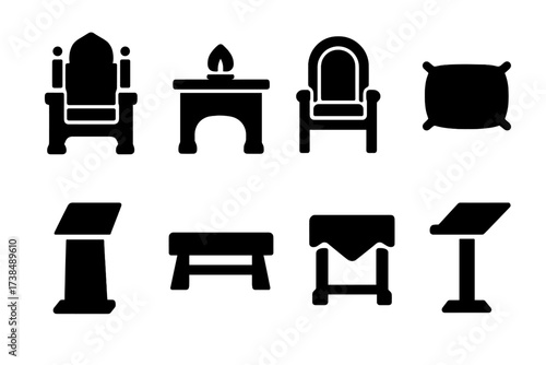 Ceremonial Furniture Icons. Solid, filled icon set of ceremonial seating and furniture: throne, altar table, ceremonial chair, cushion, podium, bench, altar