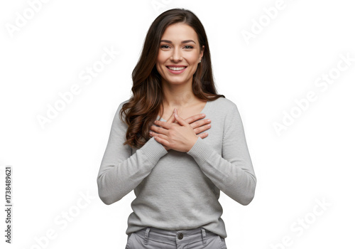 Attractive woman with hands on chest isolated on transparent background