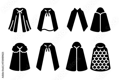 Cape Materials Icons. Solid, filled icon set of cape materials: velvet cape, silk cape, leather cape, wool cloak, fur-trimmed cape, satin cape, cotton cloak,