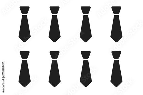 Colorful Tie Icons. Solid, filled icon set of tie colors: black, navy, red, grey, green, yellow, purple, brown. [Solid, filled icons in only black color. All
