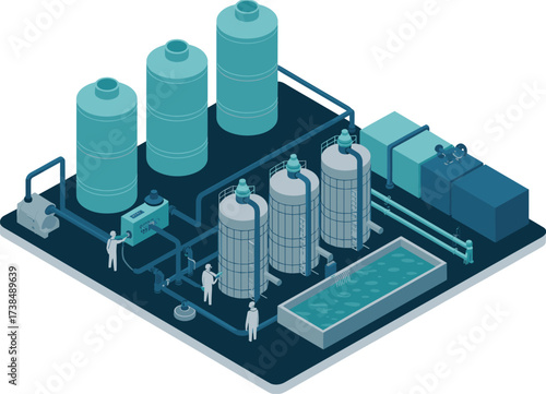 Isometric industrial water treatment plant, chemical storage tanks, piping system, engineers inspecting facility,