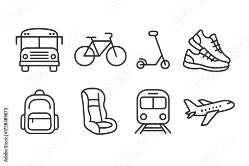 Transport Icons Set. Outline icon set of stepsiblings travel and transportation: school bus, bicycle, scooter, walking shoes, backpack, car seat, train,