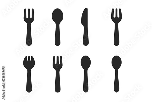 Silverware Icon Grid. Solid, filled icon set of silverware materials: stainless steel fork, plastic spoon, wooden knife, gold-plated set, titanium spork,