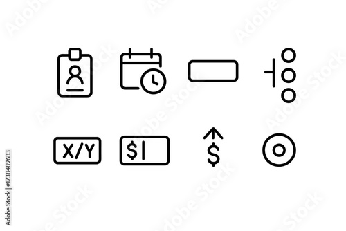 Bet Slip Icons. Outline icon set of bet slip details: bet ID, date/time, event name, market type, odds value, stake input, potential win, status indicator.