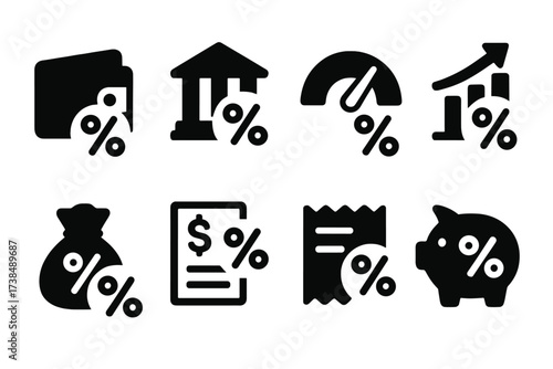 Finance Icons Grid. Solid, filled icon set of percentage indicators in finance apps: wallet %, bank account %, credit score %, investment %, loan %, budgeting