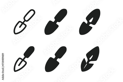Garden Trowel Icons. Fertile soil. Set Logo of Garden trowel: Garden trowel. Iconic shape, Minimal outline, Filled silhouette, Stylized detail, Negative space,