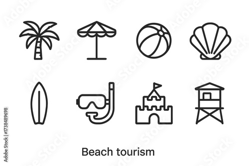 Beach Tourism Icons. Outline icon set of beach tourism: palm tree, sun umbrella, beach ball, seashell, surfboard, snorkel gear, sandcastle, lifeguard tower.