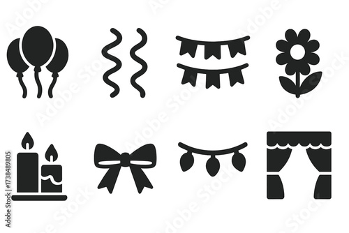 Event Decor Icons. Solid, filled icon set of event decorations: balloons, streamers, banners, flowers, candles, ribbons, fairy lights, stage curtains. Solid,