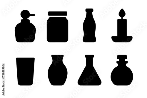 Glass Container Icons. Solid, filled icon set of glass containers: perfume bottle, glass jar, soda bottle, candle holder, drinking glass, glass vase, lab