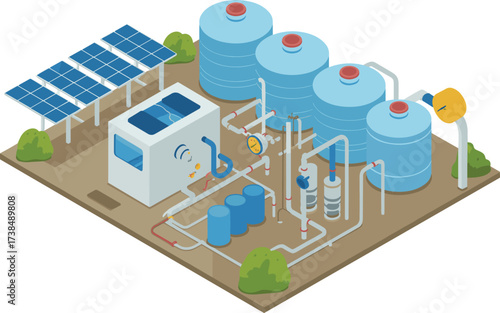 Isometric 3D illustration of modern water treatment plant, wastewater purification facility, clean water process system