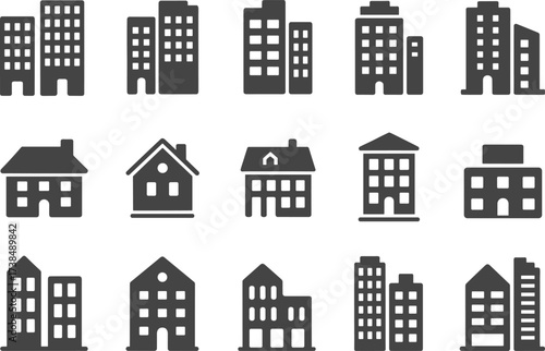 Minimalist black and white building icons set, real estate, apartment, office, home, architecture symbols for web and graphic design