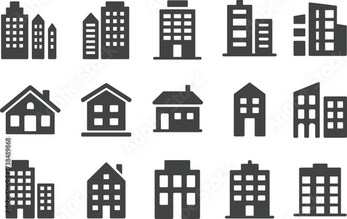 Minimalist black and white building icons set, real estate, apartment, office, home, architecture symbols for web and graphic design