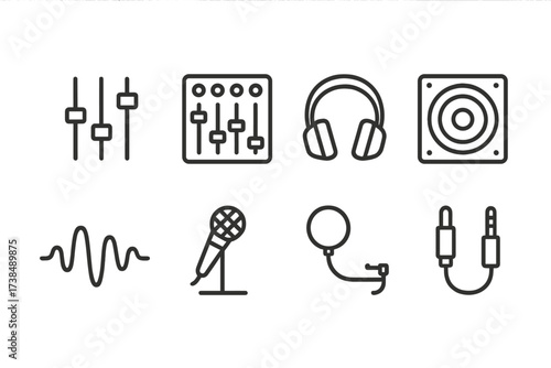 Stage and Light Icons. Outline icon set of stage audio tools: equalizer, audio mixer, headphone, speaker cone, sound wave, microphone stand, pop filter, audio