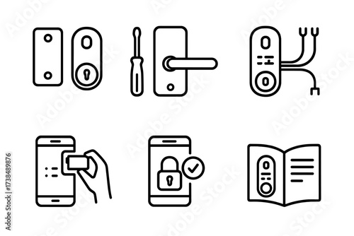 Smart Lock Installation Icons. Outline icon set of smart lock installation: mounting bracket, screwdriver, wiring, battery insertion, setup app, configuration