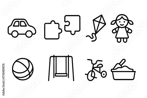 Child Play Icons. Outline icon set of child play: toy car, puzzle piece, kite, doll, ball, swing, tricycle, sandbox. Line icons in only black color, consistent