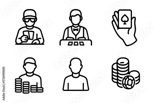 Casino Icon Set. Outline icon set of casino players: poker player, dealer, card shuffler, winner hand, bet stack, spectator, chips stack, lucky charm. Line