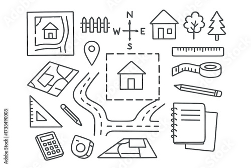Blueprint Doodle Map. Hand-drawn doodle illustration land area and property map, land plot, fence, house, trees, roads, compass, marker, blueprint, ruler, tape
