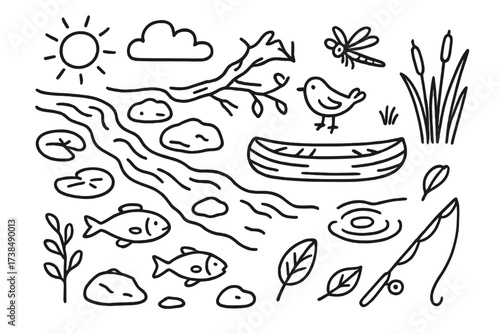 River Life Doodle. Hand-drawn doodle illustration Clear River flowing water, rocks, fish, lily pad, dragonfly, tree branch, reeds, bird, water