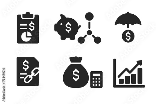 Recession Prevention Icons. Solid, filled icon set of recession prevention: financial planning, savings, diversification, insurance, debt management, emergency