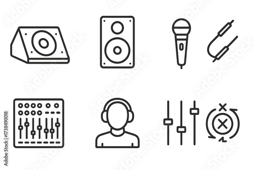 Sound Equipment Icons. Outline icon set of mixer live sound: stage monitor, PA speaker, wireless microphone, audio cable, mixing desk, sound