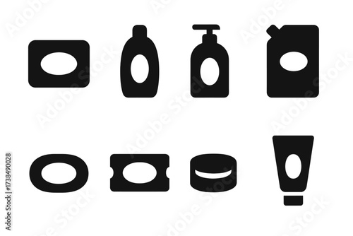 Soap Packaging Icons. Solid, filled icon set of soap packaging: soap box, plastic bottle, pump dispenser, refill pouch, soap wrapper, soap label, soap cap,