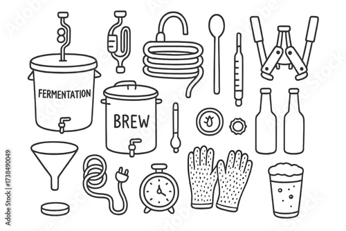 Homebrewing Essentials Doodle. Hand-drawn doodle illustration brewing equipment fermentation bucket, brewing kettle, siphon, airlock, thermometer, hydrometer,