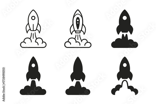 Rocket Logo Variations. Floating to new heights. Set Logo of floating to new heights: rocket ascending. harmonious logo variations of the same emblematic