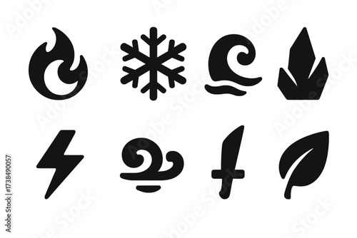 Elemental Power Icons. Solid, filled icon set of elemental power: fire swirl, ice crystal, water wave, earth spike, lightning arc, wind gust, metal blade,