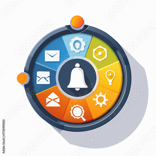 Dynamic Circular User Interface Element Representing Essential Digital Functions, Notifications, and Communication Tools for Modern Web and Mobile Application Design and Management