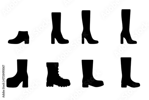 Boot Styles Icons. Solid, filled icon set of boot styles by height: ankle boots, mid-calf boots, knee-high boots, over-the-knee boots, thigh-high boots,