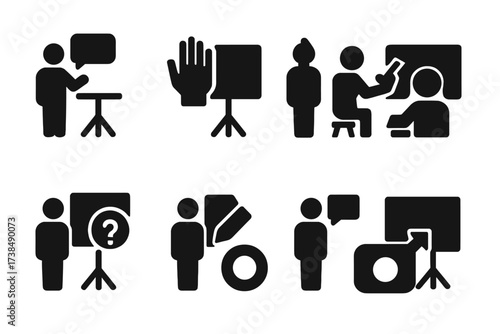 Presentation Icons Set. Solid, filled icon set of presentation actions: speak, raise hand, applaud, question, note-taking, feedback, record, share screen.