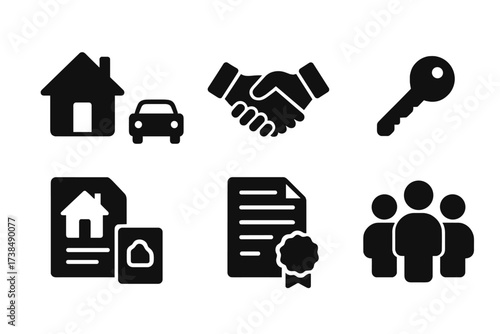 Shared Ownership Icons. Solid, filled icon set of shared ownership: house, car, handshake, key, contract, property document, money stack, community group.