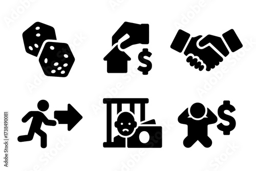 Monopoly Action Icons. Solid, filled icon set of monopoly gameplay actions: roll dice, pay rent, auction, trade, pass go, jail, collect money, bankrupt. Solid,