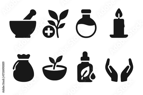 Healer Icons Grid. Solid, filled icon set of healer woman: mortar and pestle, healing herbs, water flask, candle, medicine pouch, wooden bowl, leaf tincture,