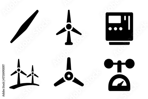 Wind Energy Icons. Solid, filled icon set of wind energy components: wind blade, turbine tower, gear box, control panel, wind farm, rotor hub, anemometer,