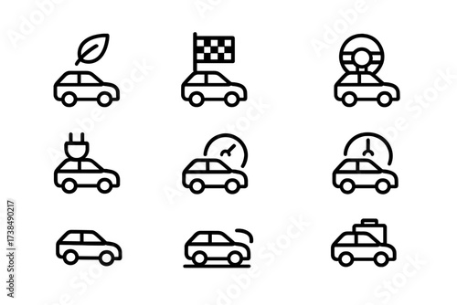Electric Car Driving Modes. Outline icon set of electric car driving modes: eco mode, sport mode, autopilot, cruise control, energy saver, hill assist, parking