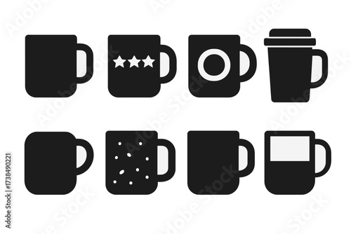 Mug Design Icons. Solid, filled icon set of mug designs: plain mug, patterned mug, logo mug, travel mug with lid, handle shape, textured surface, ceramic