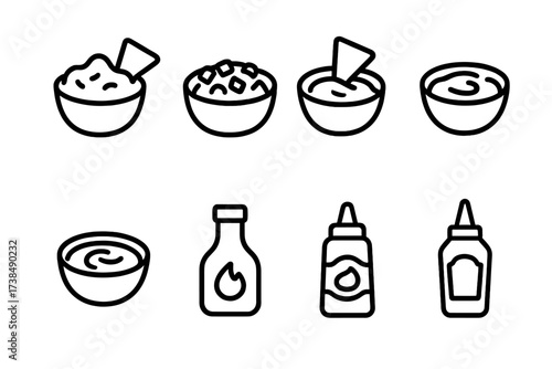 Dips & Sauces Icons. Outline icon set of dips and sauces: guacamole, salsa, cheese sauce, ranch dip, hummus, barbecue sauce, aioli, mustard. [Line icons in