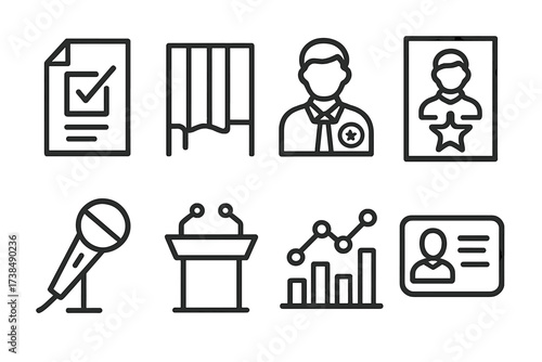 Election Icon Set. Outline icon set of election process: ballot paper, voting booth, election candidate, campaign poster, microphone, debate podium, poll