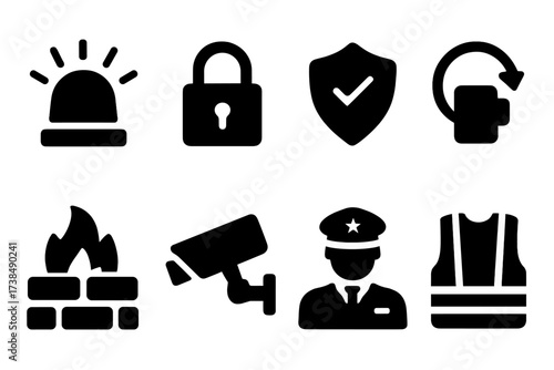 Loss Prevention Icons. Solid, filled icon set of loss prevention: alarm, lock, insurance, backup, firewall, camera, security guard, safety vest. [Solid, filled