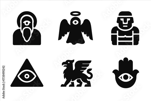 Mythical Watchers Icons. Solid, filled icon set of watchers in mythology: all-seeing god, watchful spirit, guardian angel, sentinel statue, eye of providence,