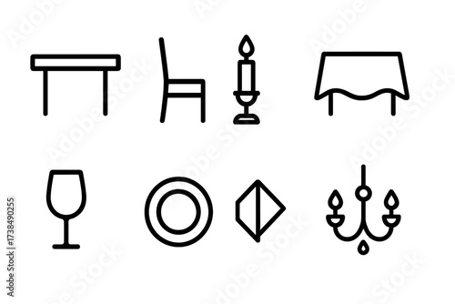 Dining Icon Set. Outline icon set of dining settings: table, chair, candle, tablecloth, wine glass, plate, napkin, chandelier. Line icons in only black color,