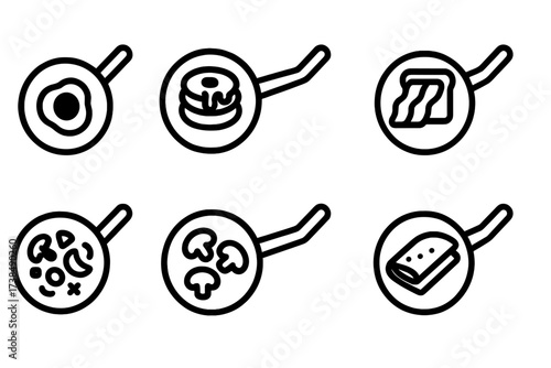 Frying Pan Icons. Solid, filled icon set of frying pan foods: fried egg, pancakes, bacon strips, grilled cheese, stir-fry veggies, sauteed mushrooms, omelette,