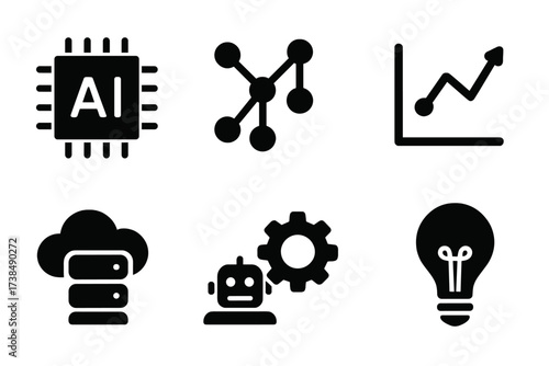 Machine Learning Icons. Solid, filled icon set of machine learning analytics: AI chip, neural network, robot, graph, data cloud, code brackets,
