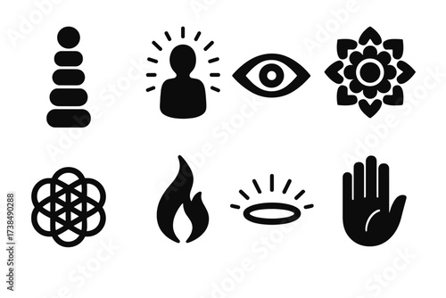 Spiritual Energy Icons. Solid, filled icon set of spiritual energy: chakra symbols, aura glow, third eye, mandala, sacred geometry, spirit flame, halo light,