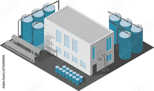Minimalist isometric illustration of industrial water purification plant, factory tanks, storage barrels, clean energy
