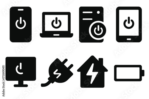 Device Power Off Icons. Solid, filled icon set of device shutdown: smartphone off, laptop power off, server shutdown, tablet off, desktop monitor off, power